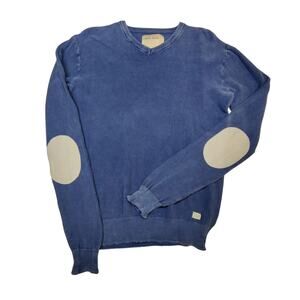 Color Siete Men's Textured Cotton V Neck Sweater Elbow Patches Blue Small